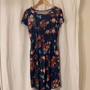 Navy Blue Floral Swing Dress with Pockets
